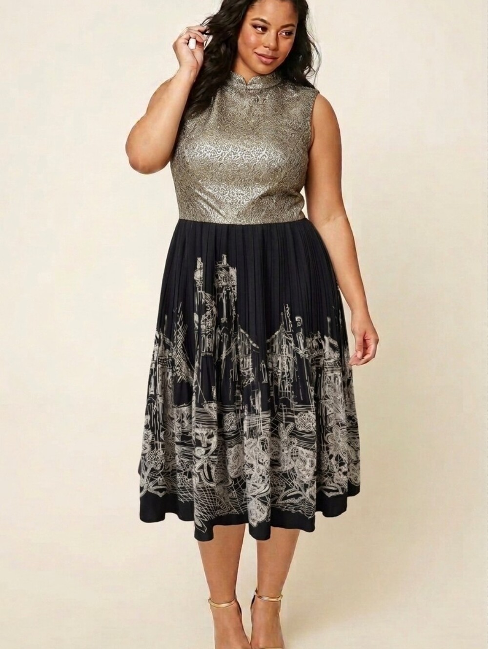 NESS Black & White Cityscape Pleated Knee-Length Skirt - Medium (M)